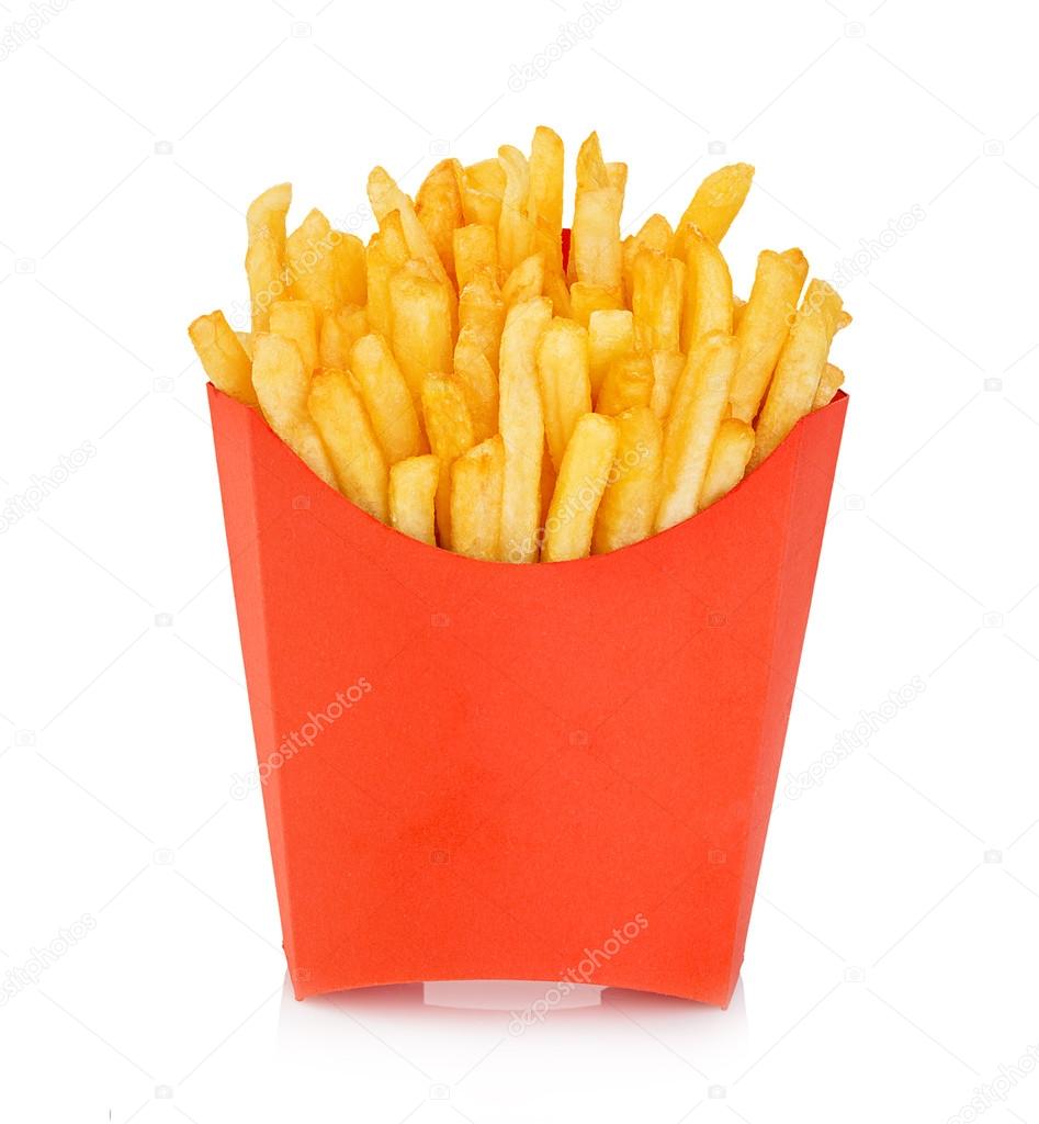Potatoes fries in a red carton box isolated on a white background. Fast Food.