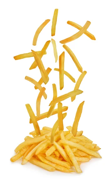 Batatas fritas voadoras isoladas em fundo branco. Batatas fritas. Fast food  . — Fotografia de Stock