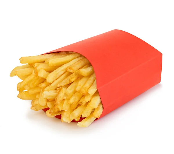 Potatis pommes frites i en röd kartong isolerad på en vit bakgrund. Snabbmat. — Stockfoto