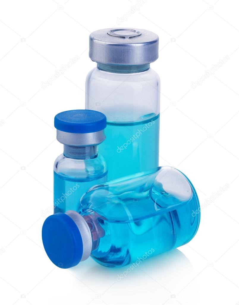 Vials with blue solution isolated on a white background.