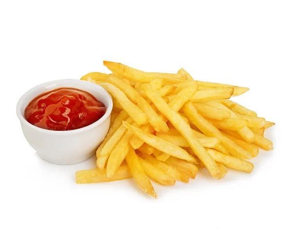 Kartoffeln Pommes mit Ketchup in Großaufnahme isoliert auf weißem Hintergrund. — Stockfoto