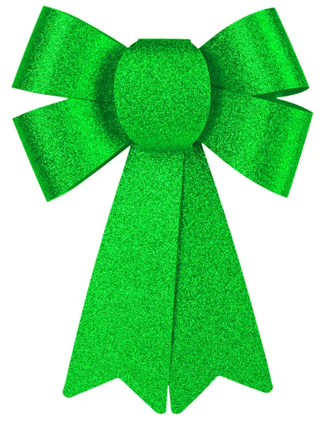 Grön lysande gåva båge med glitter Detaljbild isolerat på vit bakgrund. — Stockfoto
