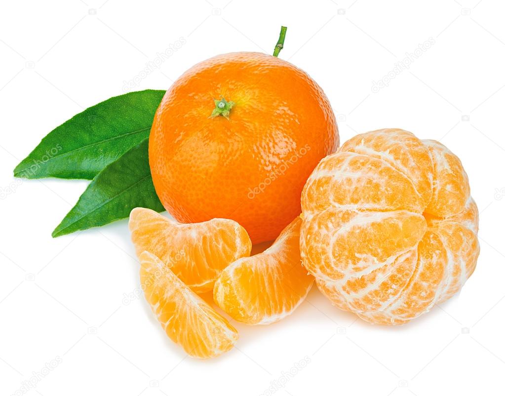 Ripe mandarin with leaf close-up on a white background. Tangerine orange with leaf on a white background.