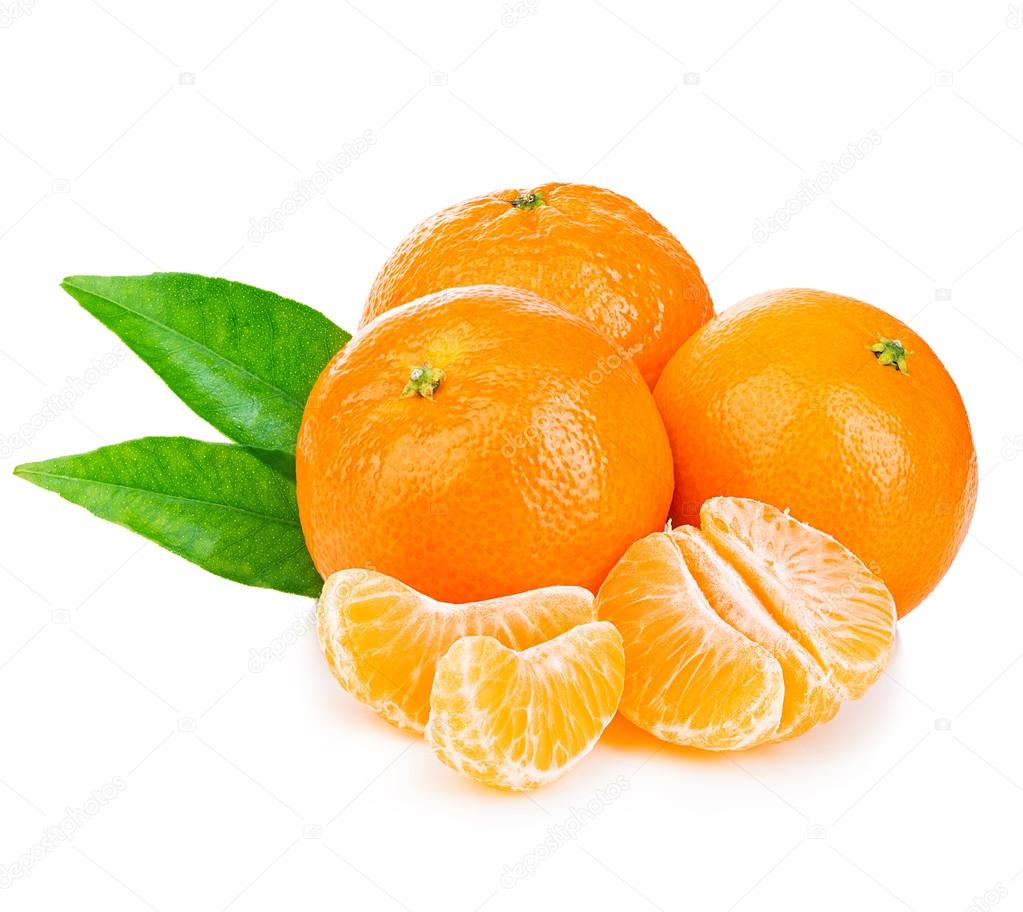 Ripe mandarin with leaf close-up on a white background. Tangerine orange with leaf on a white background.