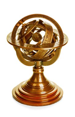 Old vintage brass model of the solar system isolated on white background. Astronomical device. Vintage gear.