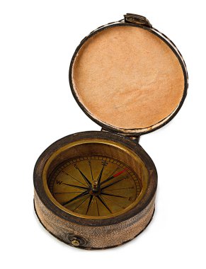 Vintage copper compass in a leather case isolated on a white background.