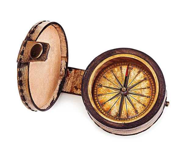 Vintage copper compass in a leather case isolated on a white background. — 图库照片