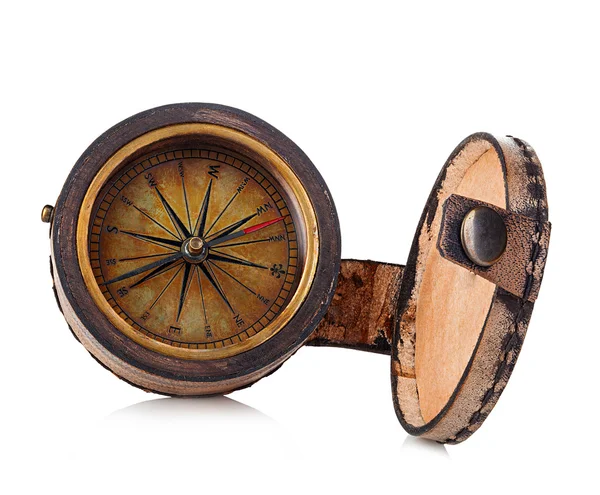 Vintage copper compass in a leather case isolated on a white background. — 图库照片