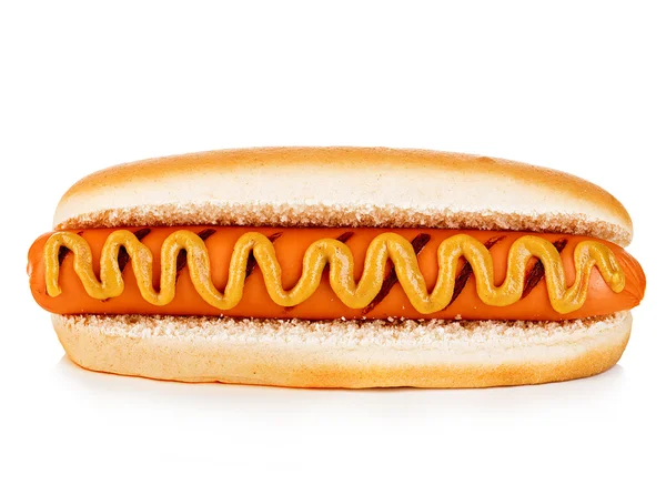 Grande gustoso appetitoso Hot dog primo piano isolato su uno sfondo bianco. Alimenti per animali . — Foto Stock