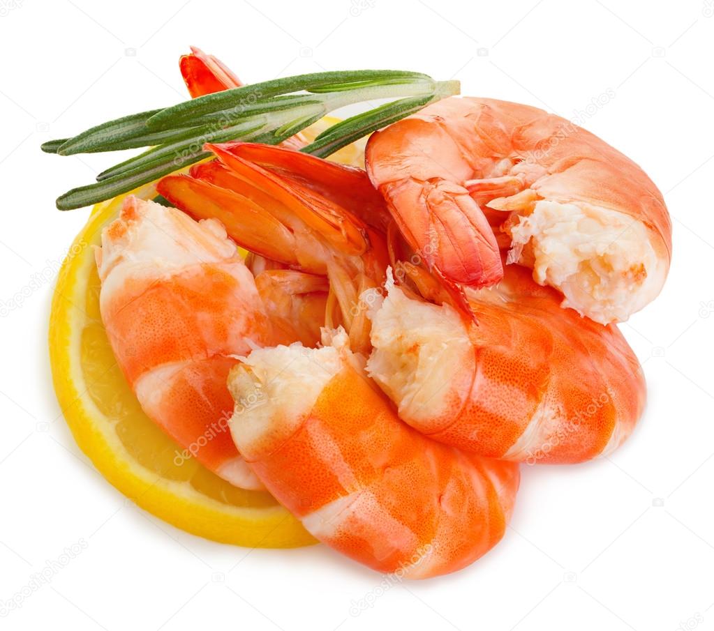 Tiger shrimps with lemon slice and rosemary. Prawns with lemon slice and rosemary isolated on a white background. Seafood