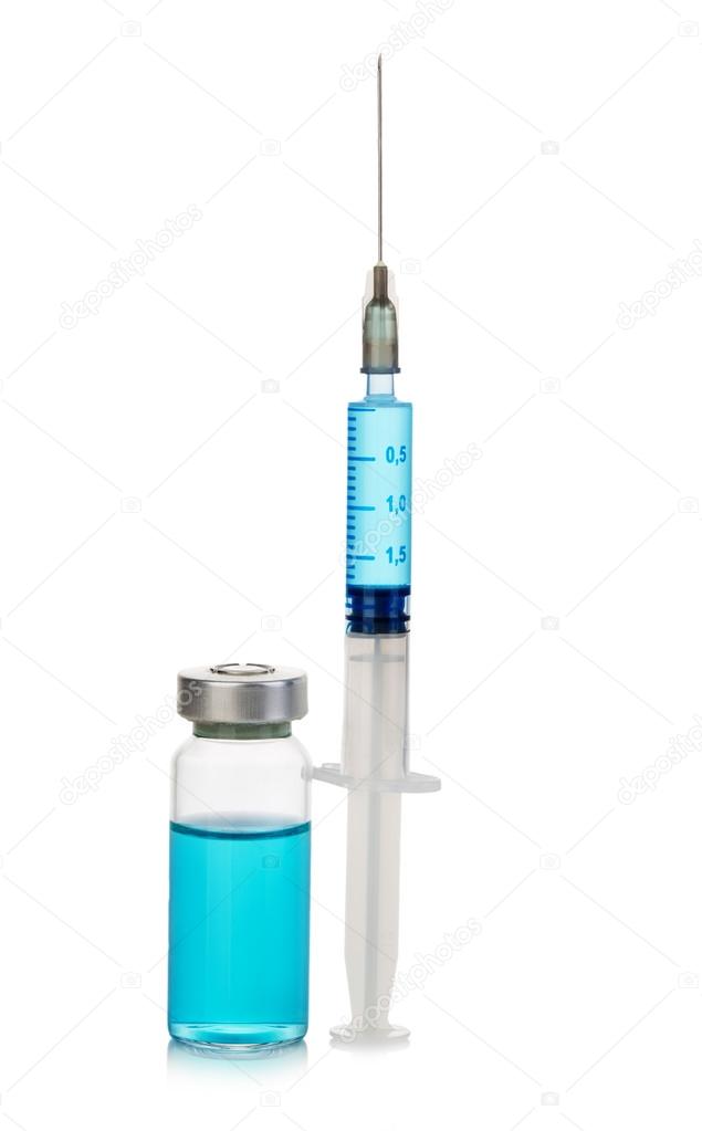 medical vial with blue medication solution.