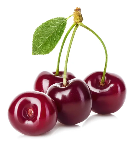 Juicy cherry with leaf close-up on a white background. — Stock Photo, Image