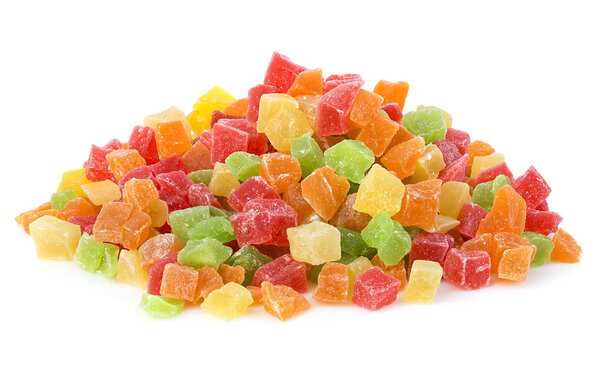 Multi-coloured sweet fruit candy close-up isolated on a white background. Succade.
