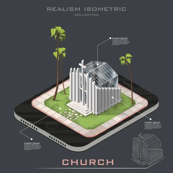 Iglesia isométrica realista vectorial en la Tierra . — Archivo Imágenes Vectoriales