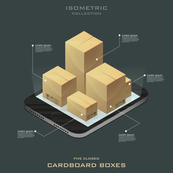 Пять закрытых картонных коробок. Интернет-магазины. Вектор электронной коммерции . — стоковый вектор