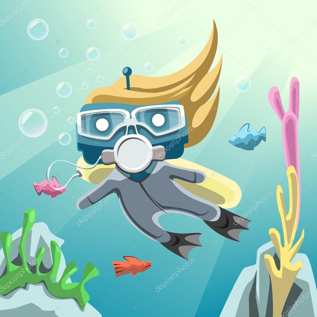 Robot diver underwater, the illustration on the motive soombots mobile game soomla