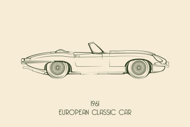 Vintage klasik spor araba siluetleri, anahatlar, kontür.