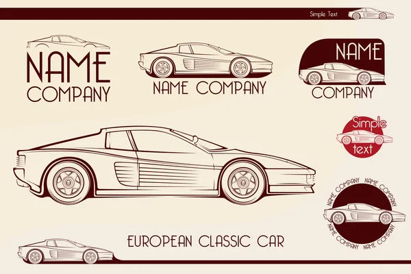 Ευρωπαϊκό κλασικό σπορ αυτοκίνητο, σιλουέτες, λογότυπο — Διανυσματικό Αρχείο