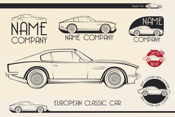 Evropská klasická sportovní auto, siluety, logo — Stockový vektor