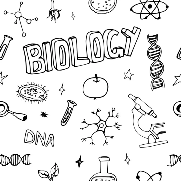 Scienza scarabocchi modello vettoriale senza soluzione di continuità. Simboli di biologia . — Vettoriale Stock