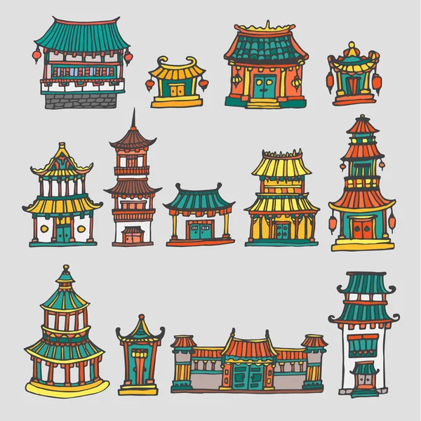 Set of colorful vector asian temples and manor houses — Stock Vector