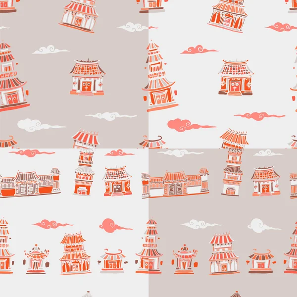 Set of 4 chinese or japanese buildings seamless pattern — Stock Vector