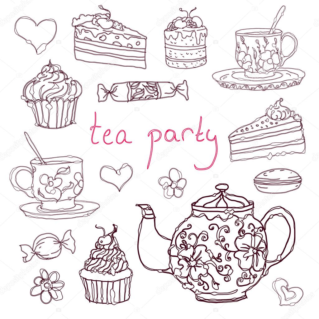Sketches handdrawn tea party elements. Vector illustration. Stock