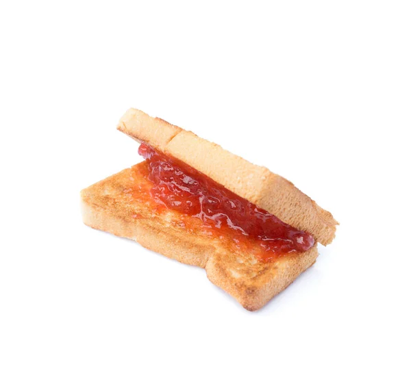 Σπιτικό Ψωμί Διαφάνεια Μαρμελάδα Φράουλα Απομονώνονται Λευκό Φόντο — Φωτογραφία Αρχείου