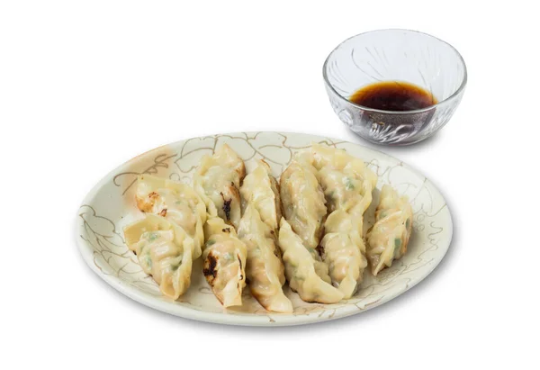 Imagen Dumplings Gyoza Con Salsa Soja Aislada Sobre Fondo Blanco —  Fotos de Stock