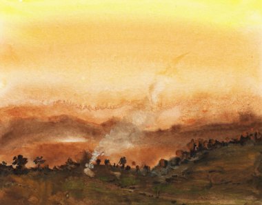 Dağ manzarasının özgün soyut suluboya resmi, dağ sırası ile el çizimi yaratıcı arka plan