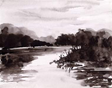 Sığ gölün özgün suluboya resmi, nehir manzarası, göl, orman ve bulutlu yaratıcı manzara, elle çizilmiş suluboya arka plan