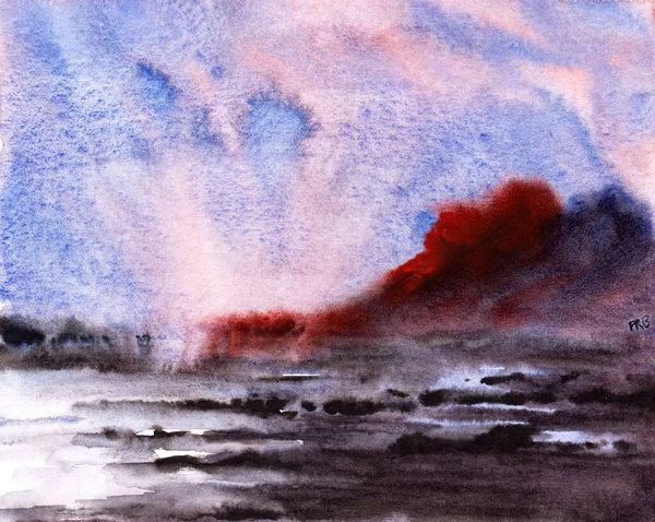 Original Abstract Watercolor Painting Rocky Coast Seascape Marine Landscape — Stock Photo, Image