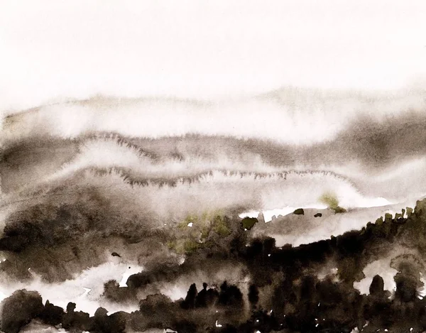 Original Abstract Watercolor Painting Black Mountain Forest Mountain Peaks Fog — Stock Photo, Image