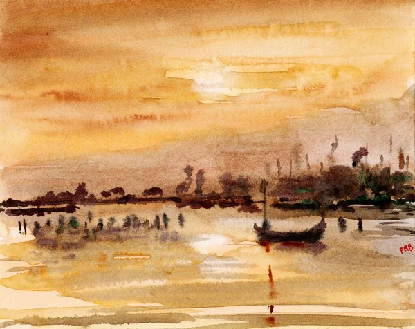 Original Abstract Watercolor Painting Fishing Boat Shallow Lake River Landscape — Stock Photo, Image