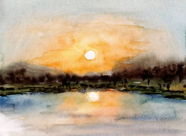 Original Abstract Watercolor Painting Shallow Lake Sunset River Landscape Creative — Stock Photo, Image