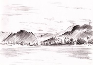 beyaz kağıt üzerinde kalem dağ çizimleri