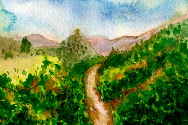 Watercolor Painting Beautiful Landscape View — Stock Photo, Image