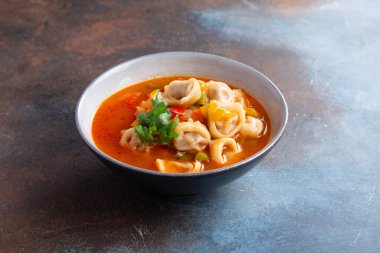 Geleneksel sıcak çorba, mantı ve sebzeler kasede.