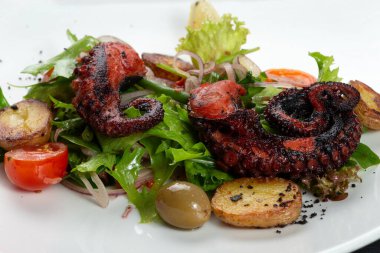 Ahtapotlu salata ve tabakta taze patates. seçici odak.