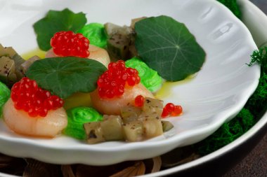 Havyarlı deniz tarakları, mikroyeşiller ve beyaz tabakta yeşil sos. Yakın plan..