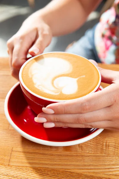 Hände Halten Eine Tasse Cappuccino Zeichnung Einer Tasse Selektiver Fokus — Stockfoto