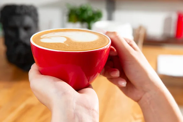 Les Mains Tiennent Une Tasse Cappuccino Dessine Dans Une Tasse — Photo