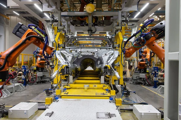 Robot Hegeszti Autó Karosszériáját Gyártósor Gépjármű Üzem — Stock Fotó