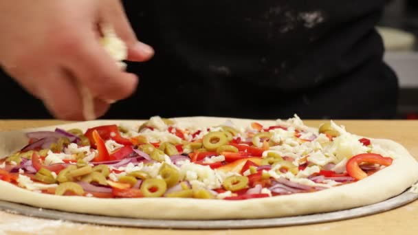 Puts Cheese Pizza Dough Selective Focus — Wideo stockowe