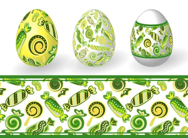 Ostern. Isolierte Ostereier und nahtlose Bonbonmuster. Frohe Ostern. Vektorobjekte. 3d. Realistische Ostereier. Vektor Frühling grüner Hintergrund. — Stockvektor