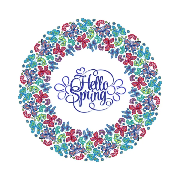 Hola, letras de primavera. Marco redondo de mariposas. Ilustración vectorial colorida — Vector de stock