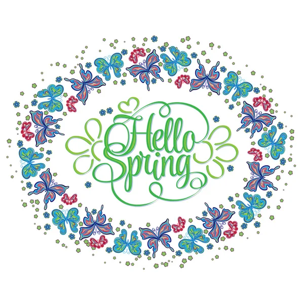 Marco redondo de mariposas. Hola, letras de primavera. Ilustración vectorial colorida — Vector de stock