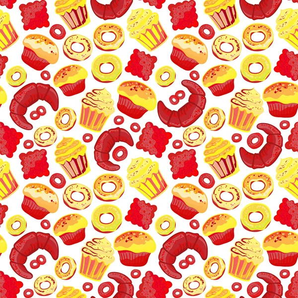 Patrón sin costura de panadería de alimentos vectoriales con productos horneados. Productos harineros de pastelería. Ilustración para imprimir, web. Elemento de diseño original — Vector de stock