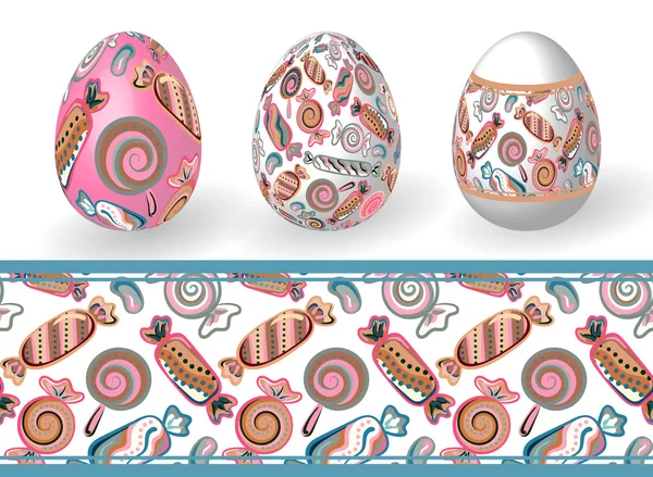 Easter. Set of Isolated Easter eggs and seamless candy patterns. Happy Easter. Vector objects. 3D. Realistic Easter eggs. Vector pastel pink beige blue background. — Stock Vector