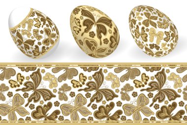 İzole Paskalya yumurtaları ve kesintisiz geometrik desenleri kümesi. Mutlu paskalyalar. Vektör nesneleri. 3D. gerçekçi Paskalya yumurtaları. Vektör arka plan. Paskalya.